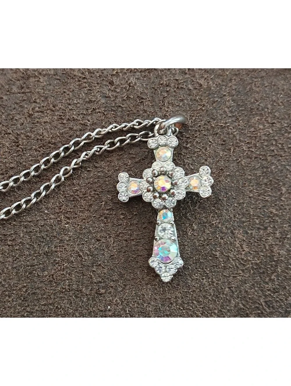 1990s Filigree With Aurora Borealis Rhinestones Silver Tone Cross Necklace